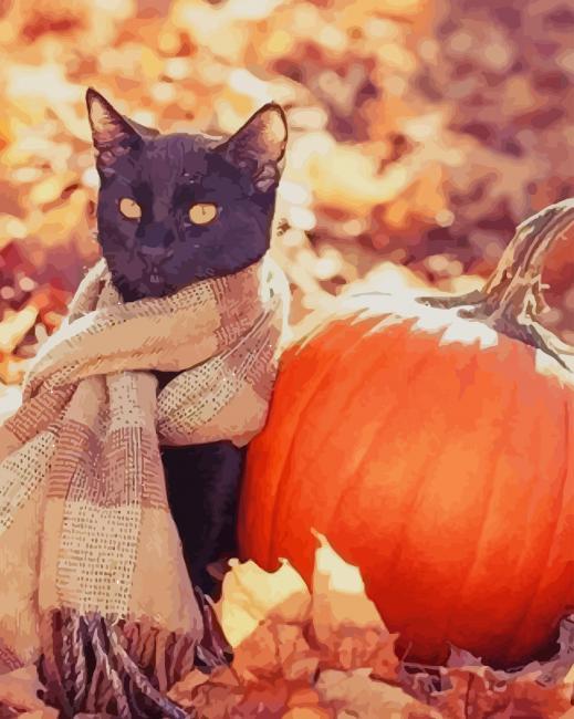 Gato Negro con Bufanda y Calabaza de Halloween Pintar por Números