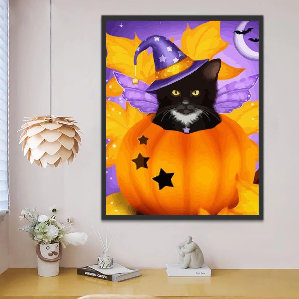 Gato Negro con Sombrero de Bruja y Calabaza de Halloween Pintar por Números