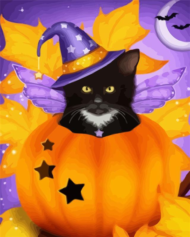 Gato Negro con Sombrero de Bruja y Calabaza de Halloween Pintar por Números