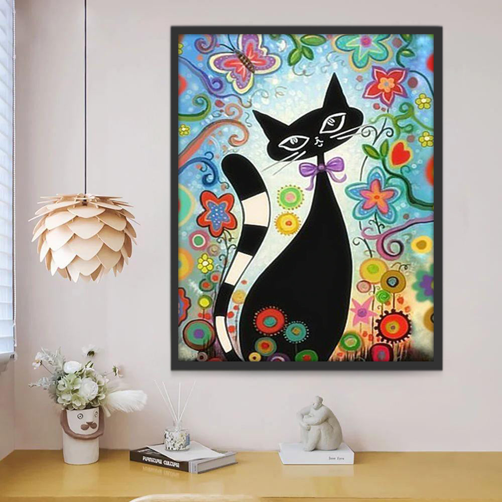 Gato Negro Rodeado de las Flores Pintar por Números