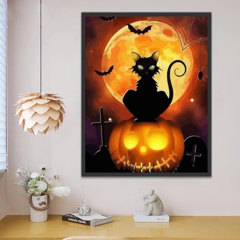 Gato Negro Sentado sobre Calabaza de Halloween Pintar por Números