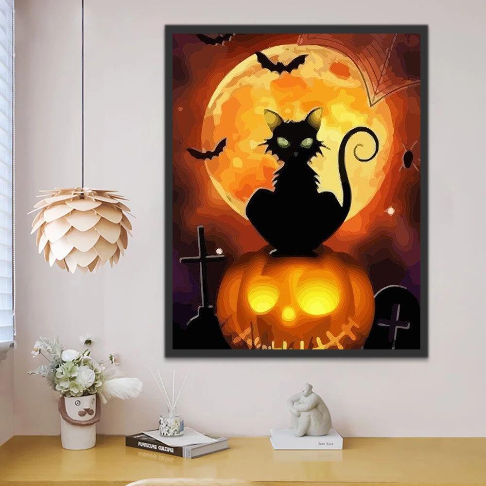 Gato Negro Sentado sobre la Calabaza de Halloween Pintar por Números