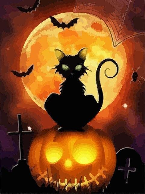 Gato Negro Sentado sobre la Calabaza de Halloween Pintar por Números