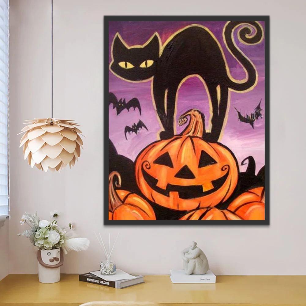 Gato Negro sobre Calabaza de Halloween Pintar por Números