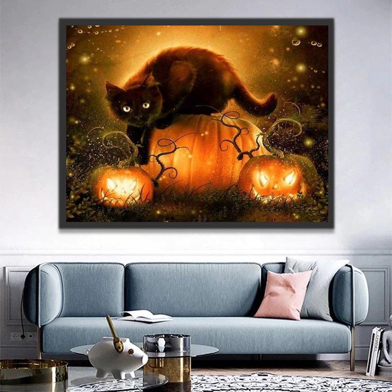 Gato Negro y Calabazas de Halloween Pintar por Números
