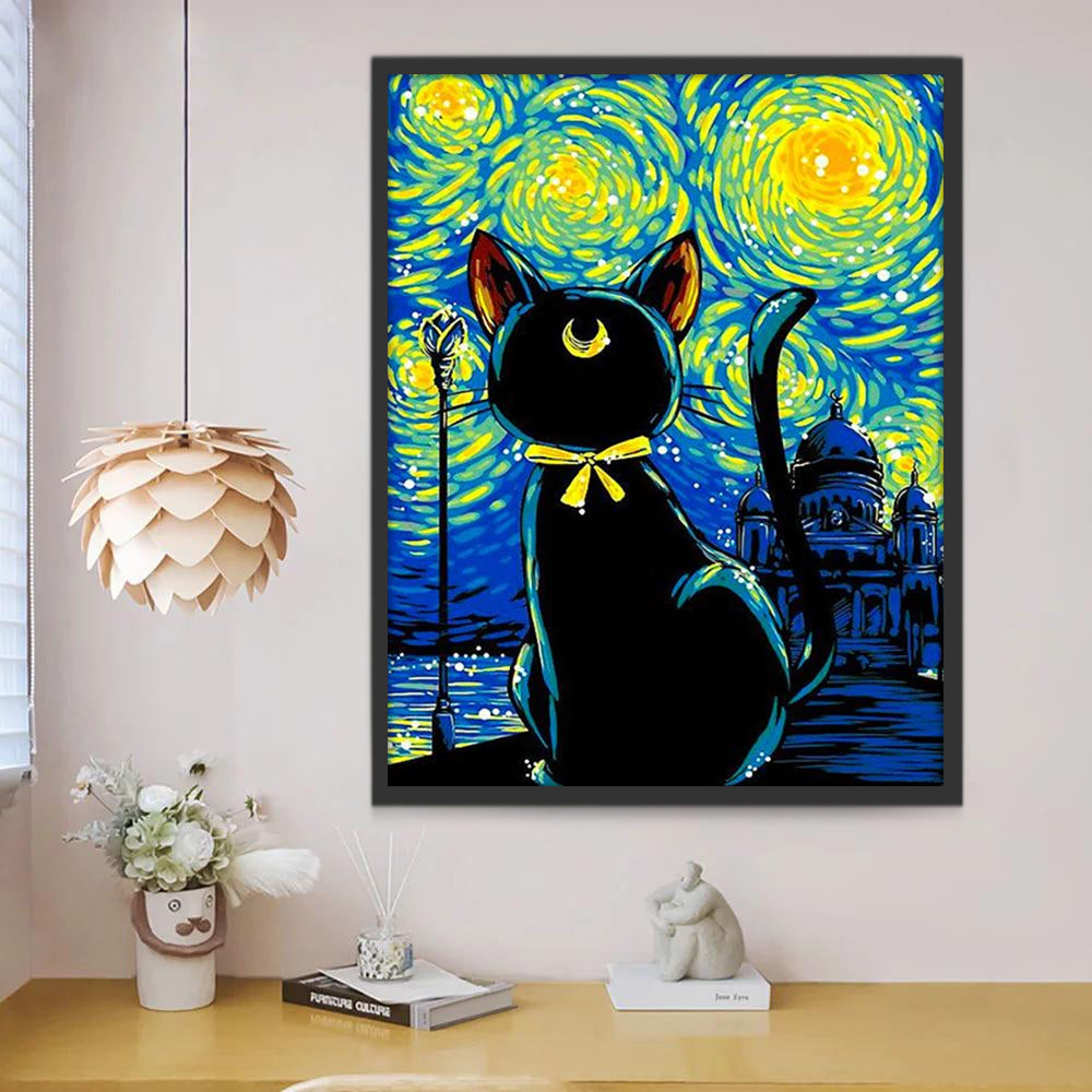 Gato Negro y La Noche Estrellada Pintar por Números