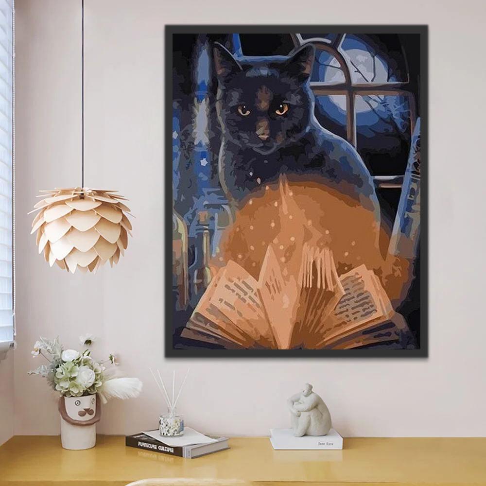 Gato Negro y Libro Abierto por la Noche Pintar por Números