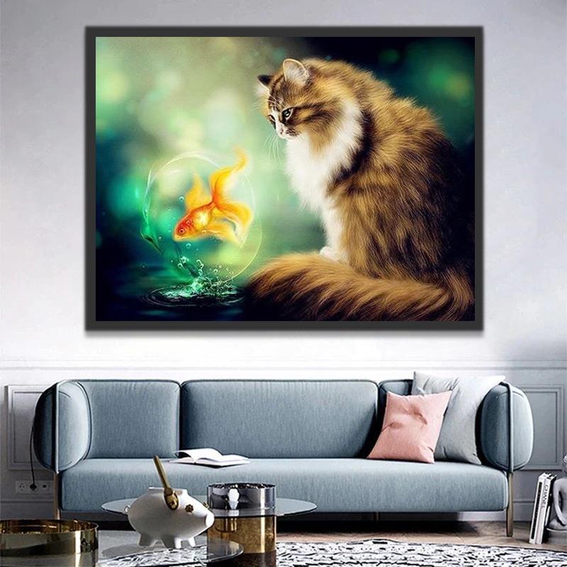 Gato Observando un Pez Dorado Pintar por Números