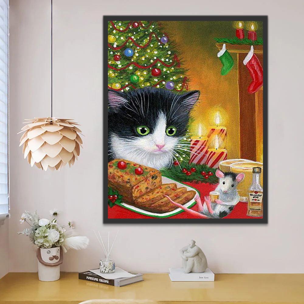 Gato Observando un Ratón en la Mesa de Navidad Pintar por Números