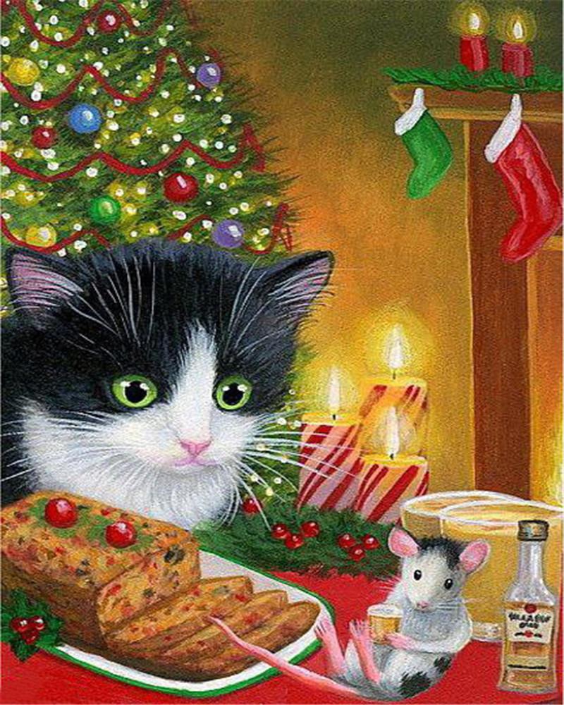 Gato Observando un Ratón en la Mesa de Navidad Pintar por Números