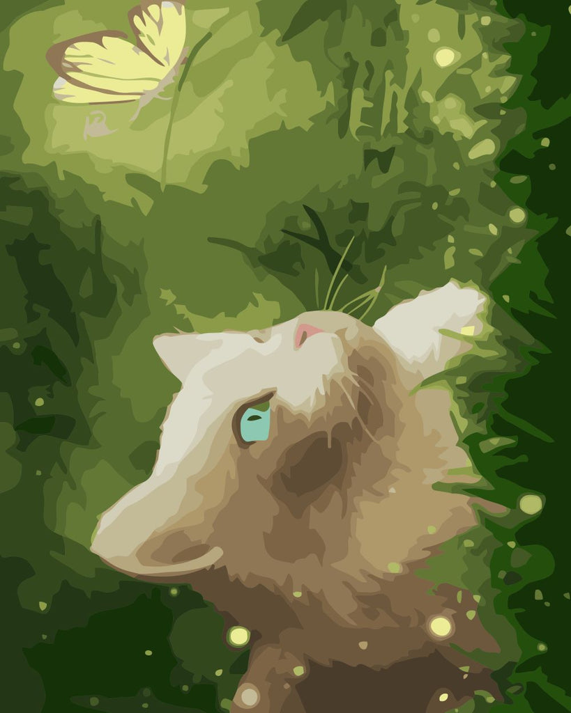 Gato Observando una Mariposa en el Césped Pintar por Números