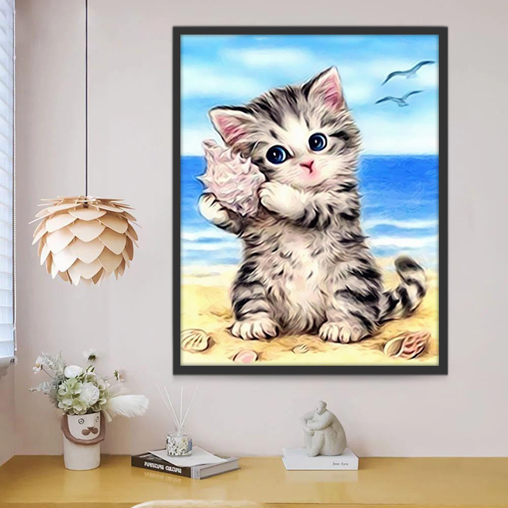 Gato Oyendo el Mar en una Caracola Pintar por Números
