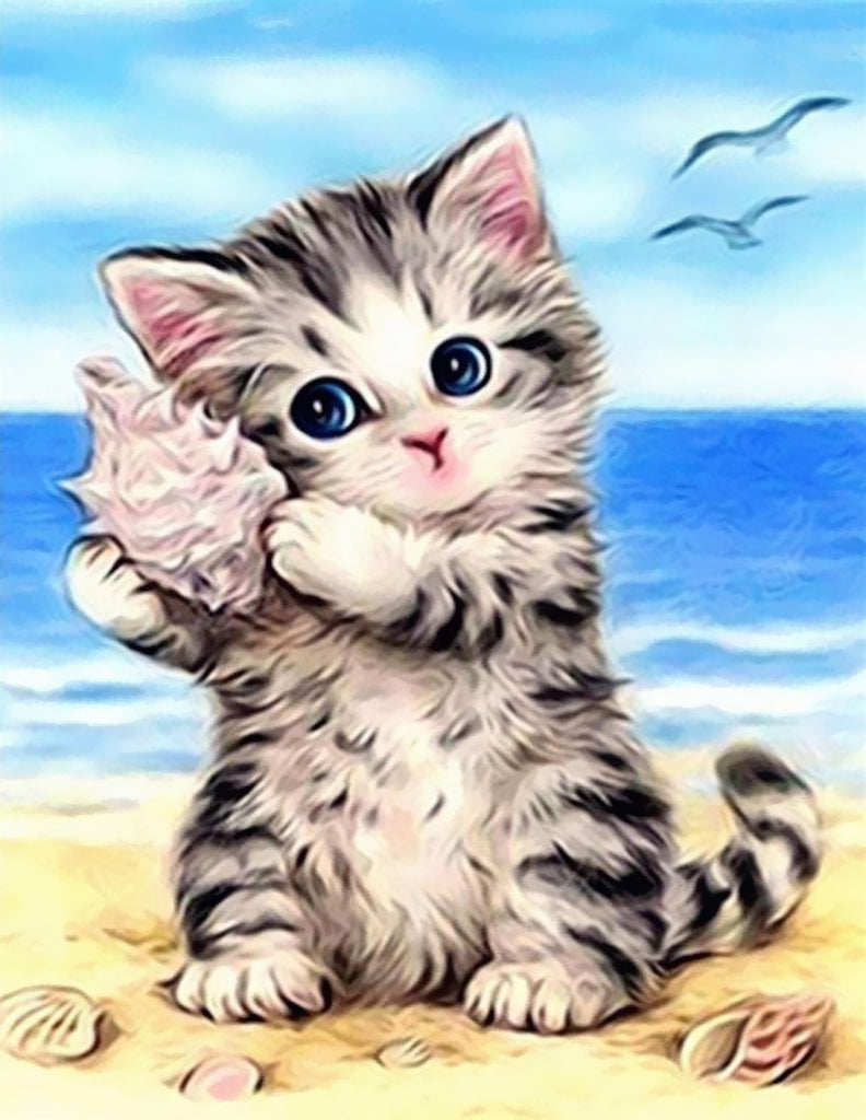 Gato Oyendo el Mar en una Caracola Pintar por Números