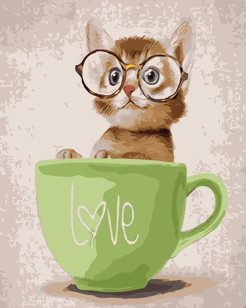 Gato Pequeño con Gafas en la Taza Pintar por Números