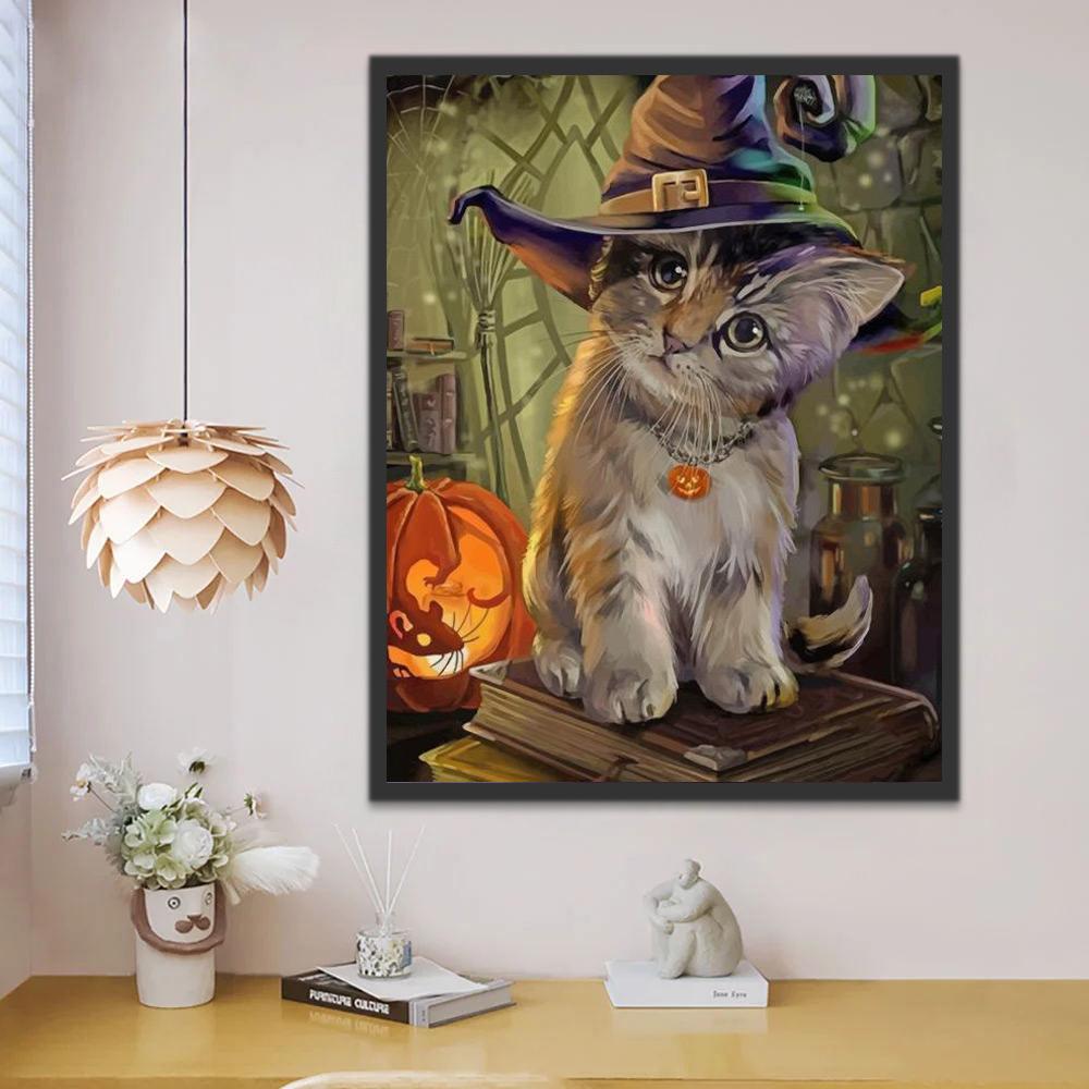 Gato Pequeño con Sombrero de Bruja y Calabaza de Halloween Pintar por Números