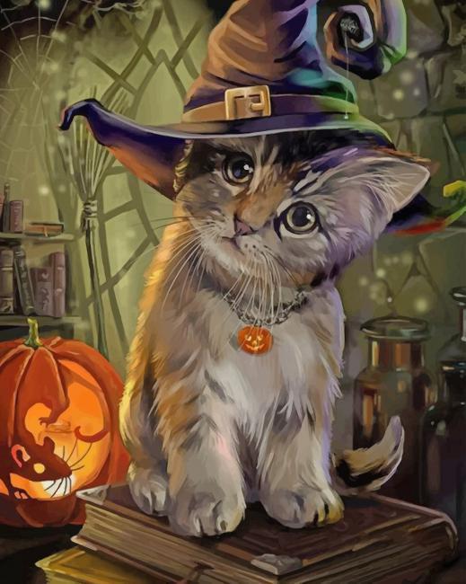Gato Pequeño con Sombrero de Bruja y Calabaza de Halloween Pintar por Números