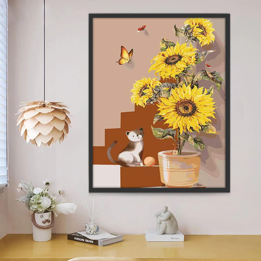 Gato Pequeño y Girasoles con Mariposas en la Escalera Pintar por Números