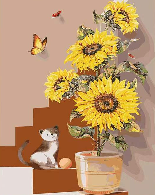 Gato Pequeño y Girasoles con Mariposas en la Escalera Pintar por Números