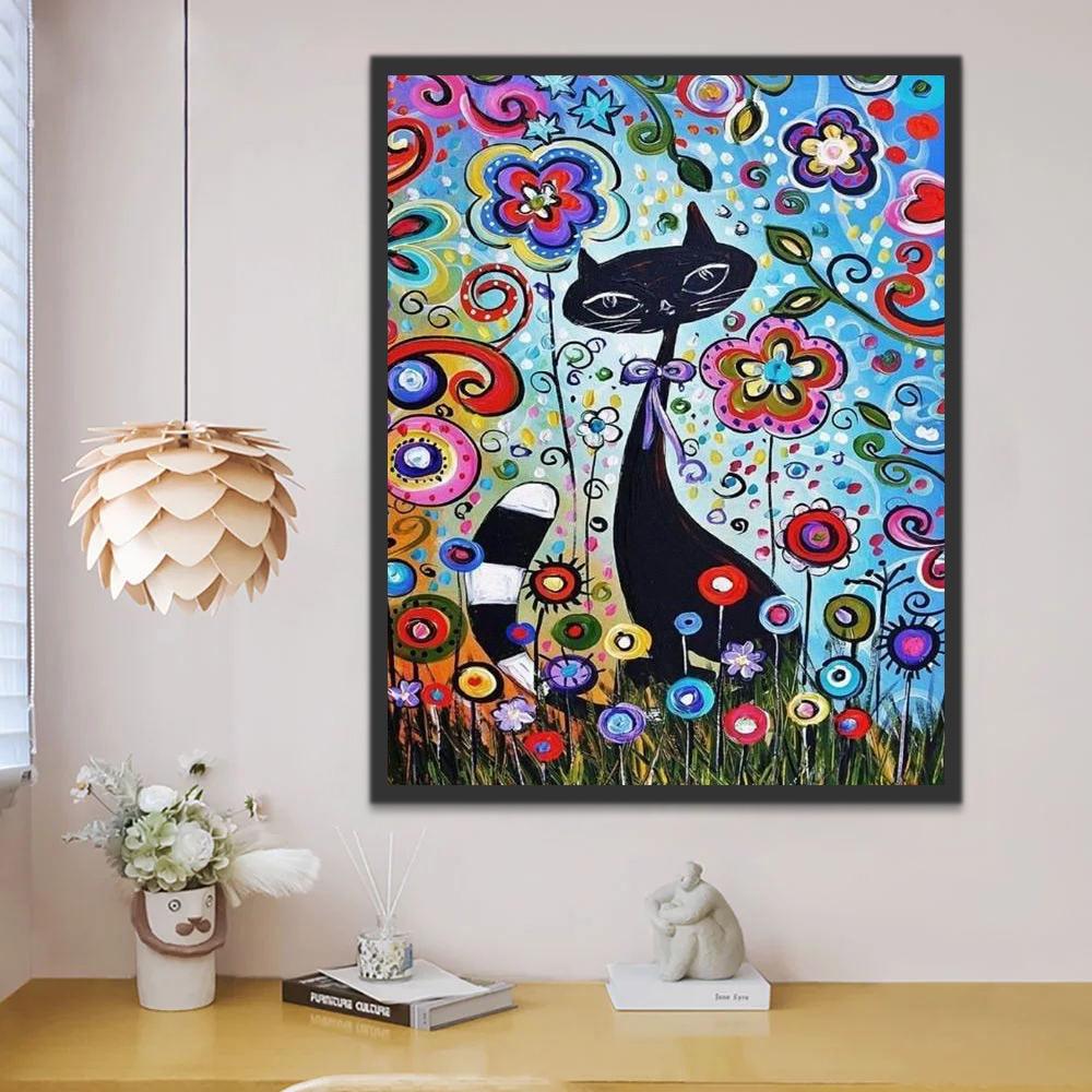 Gato Rodeado de Flores Coloridas Pintar por Números