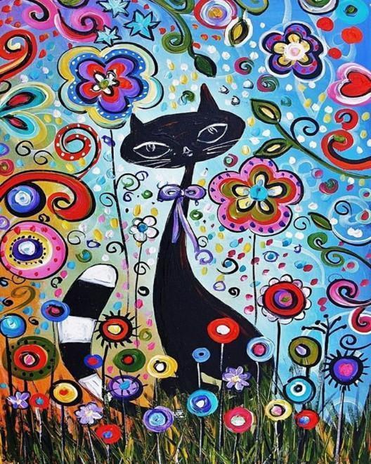 Gato Rodeado de Flores Coloridas Pintar por Números