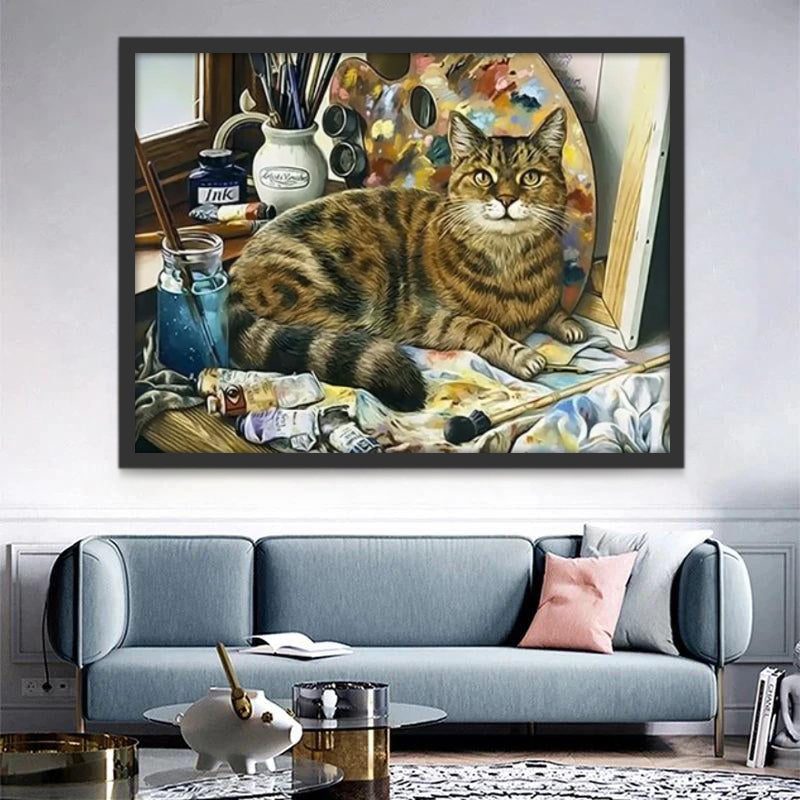 Gato Sentado al Lado de Paleta de Pintura Pintar por Números