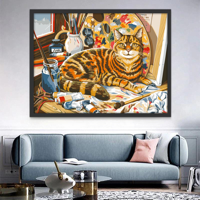 Gato Sentado al Lado de Paleta de Pintura Pintar por Números
