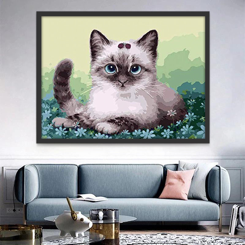 Gato Sentado en el Césped de Flores Pintar por Números