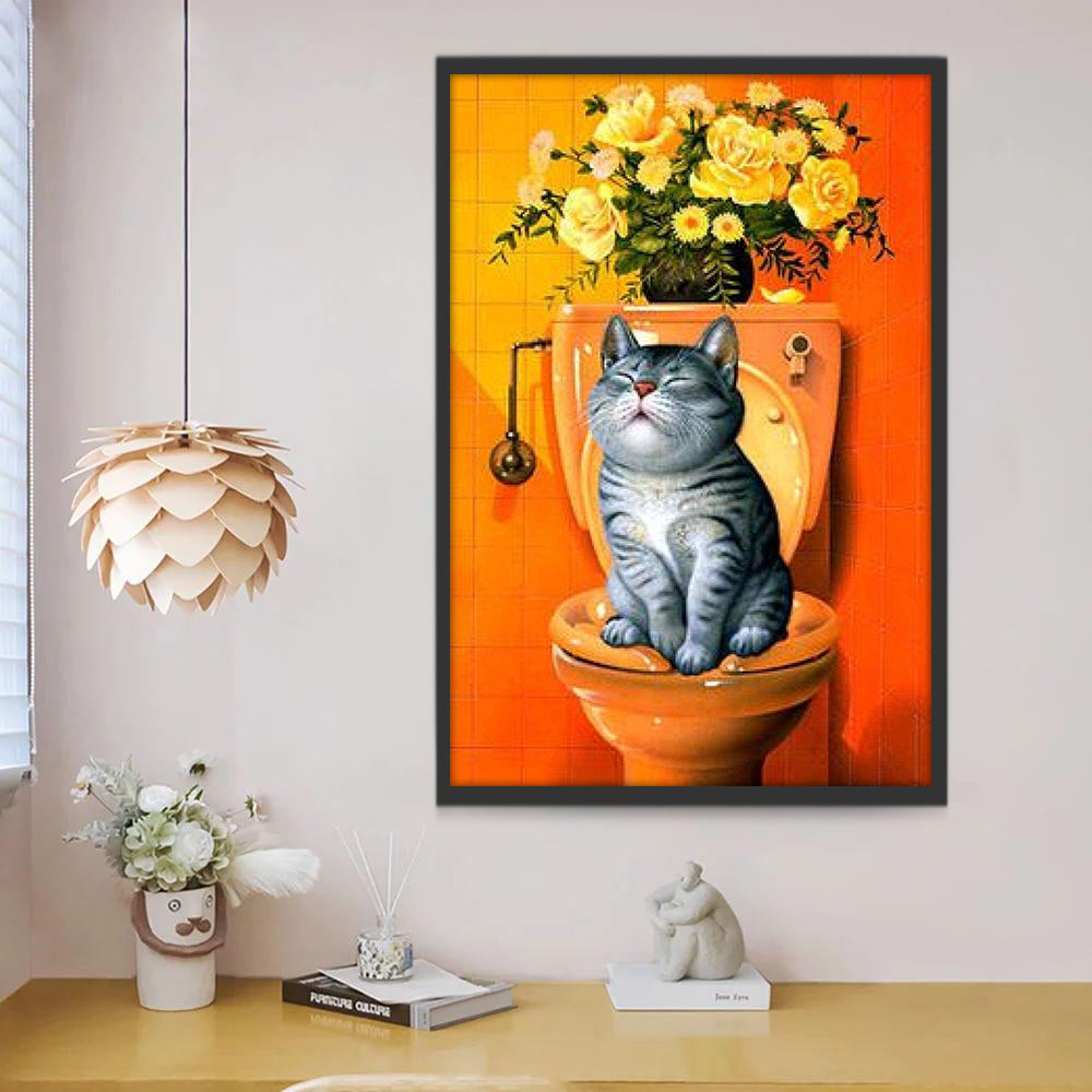 Gato Sentado en el Inodoro con Crisantemos y Rosas Amarillas Pintar por Números