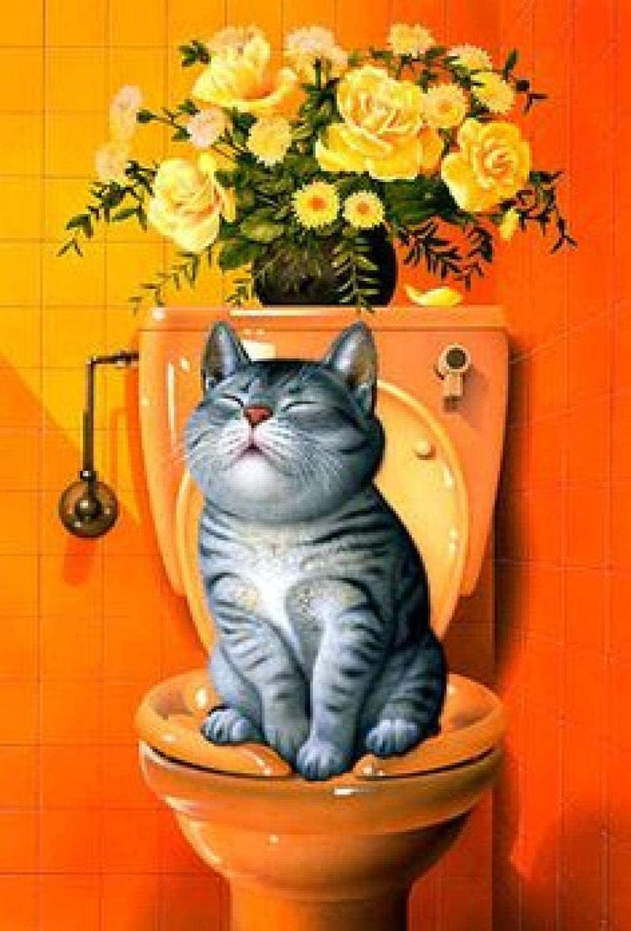 Gato Sentado en el Inodoro con Crisantemos y Rosas Amarillas Pintar por Números
