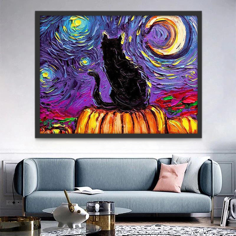 Gato Sentado sobre la Calabaza y la Noche Estrellada Pintar por Números