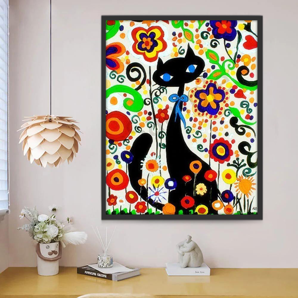 Gato Sentado y Rodeado de Las Flores Coloridas Pintar por Números