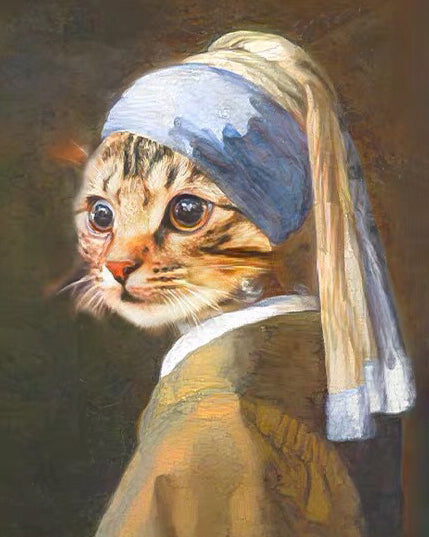 Gato Vistiéndose de La Joven de la Perla Pintar por Números