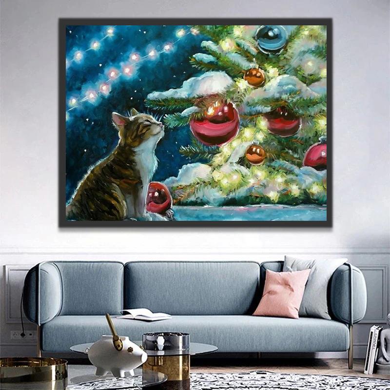 Gato y Árbol de Navidad Pintar por Números