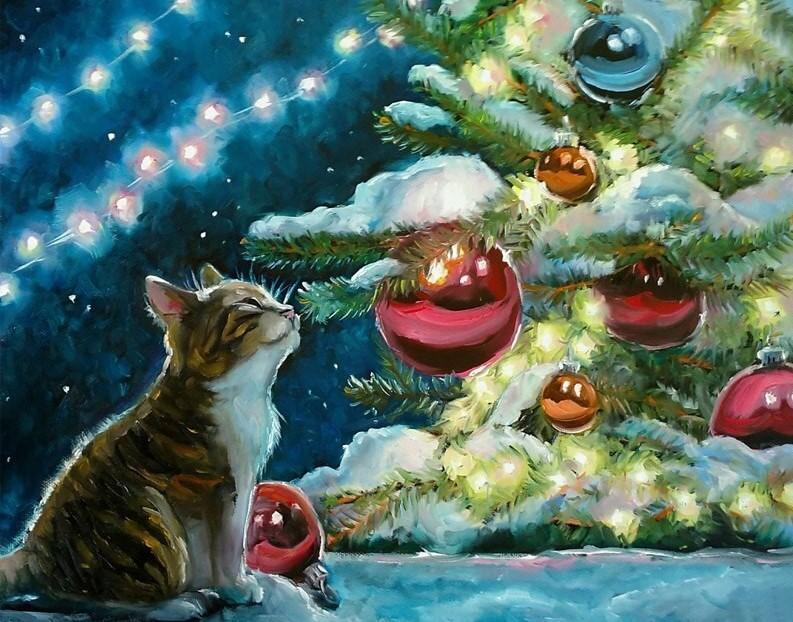 Gato y Árbol de Navidad Pintar por Números
