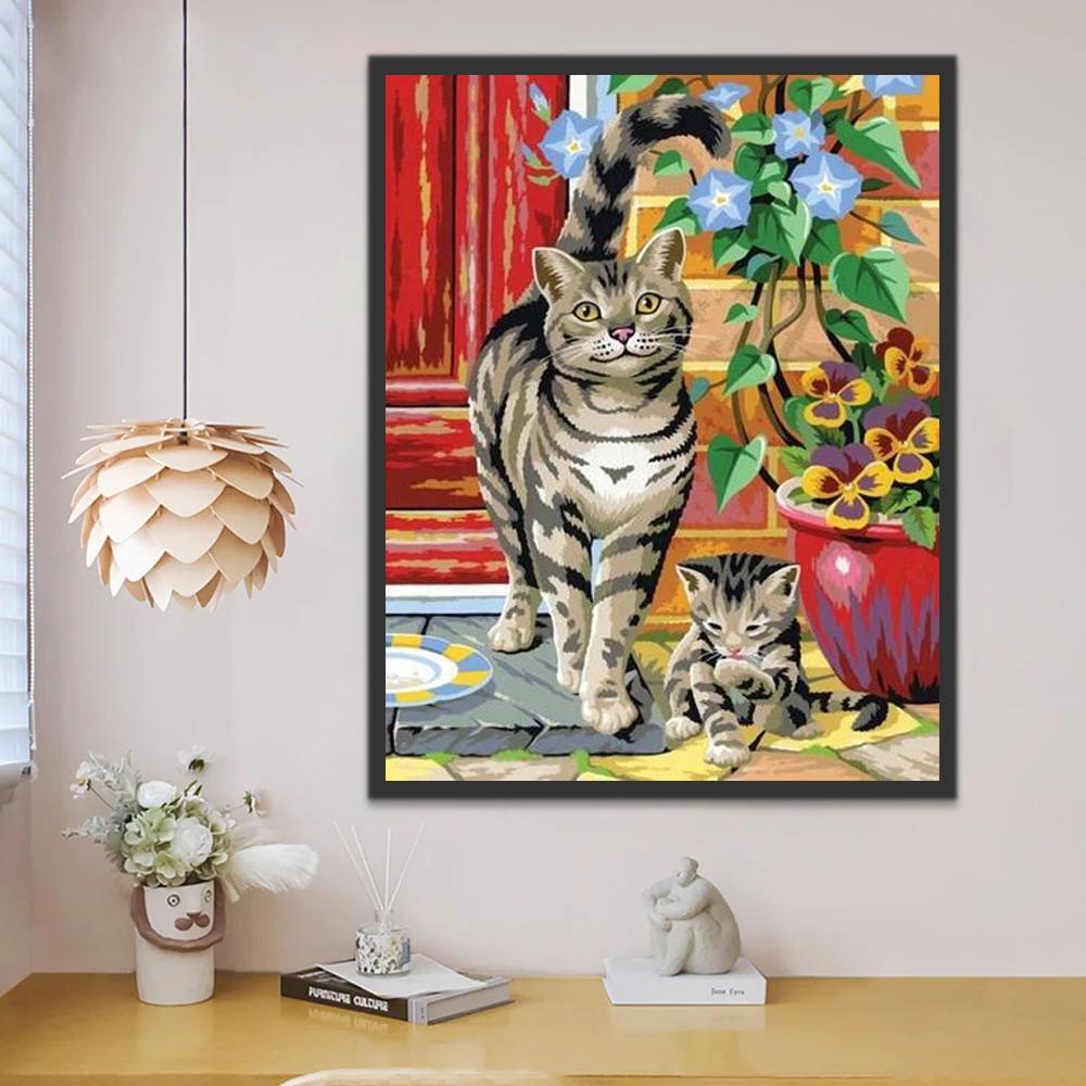 Gato y Gatito al Lado de Planta Pintar por Números