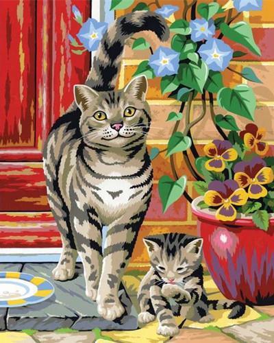 Gato y Gatito al Lado de Planta Pintar por Números