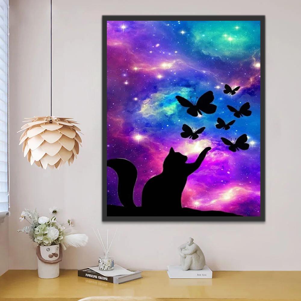 Gato y Mariposas en el Espacio Pintar por Números