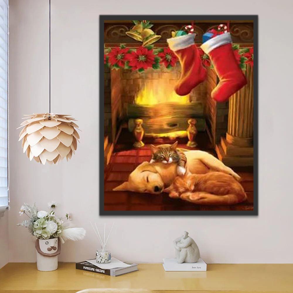 Gato y Perro Durmiendo en Navidad Pintar por Números