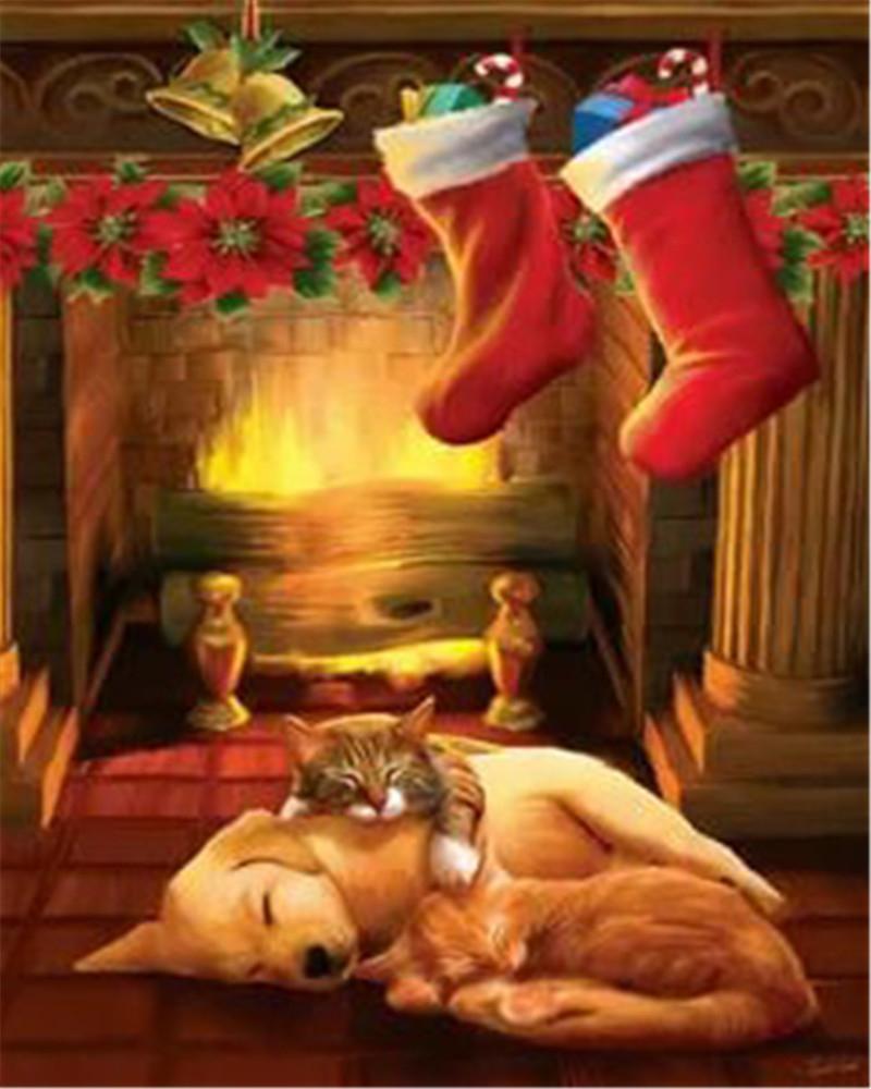 Gato y Perro Durmiendo en Navidad Pintar por Números