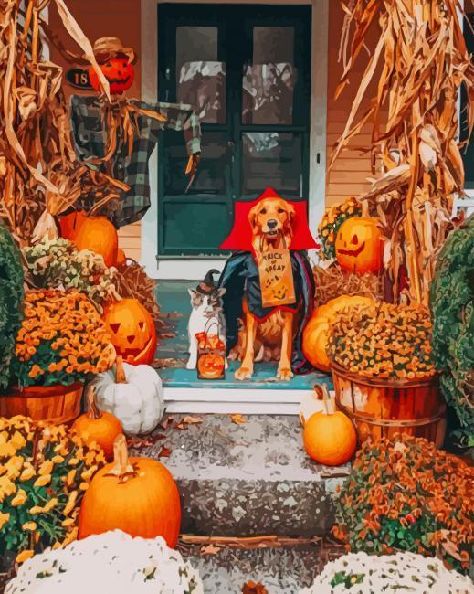 Gato y Perro en Halloween Pintar por Números