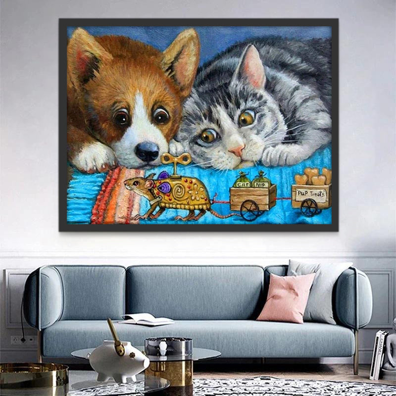 Gato y Perro Mirando un Juguete Pintar por Números