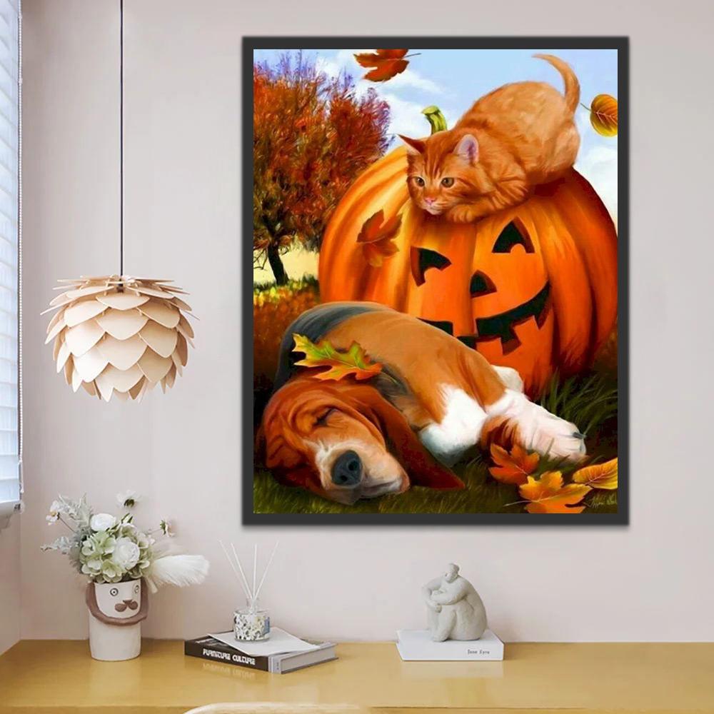 Gato y Perro y Calabaza de Halloween Pintar por Números