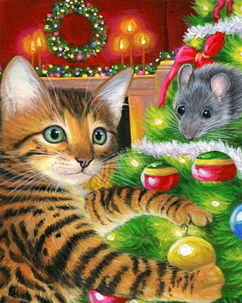 Gato y Ratón Decorando el Árbol de Navidad Pintar por Números