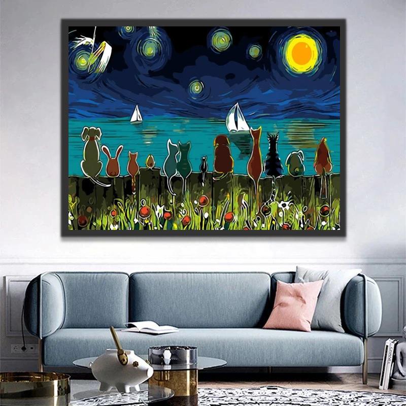 Gatos Sentados Junto al Lago Mirando la Noche Estrellada Pintar por Números
