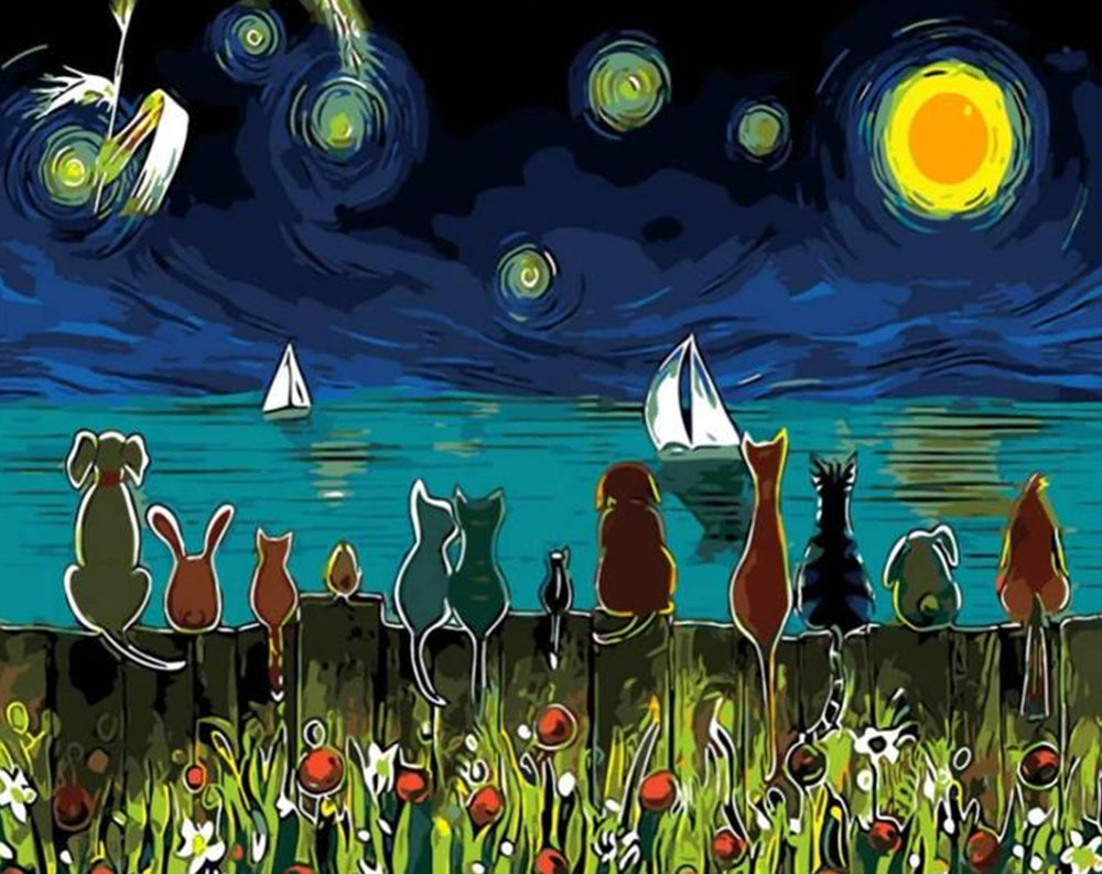 Gatos Sentados Junto al Lago Mirando la Noche Estrellada Pintar por Números
