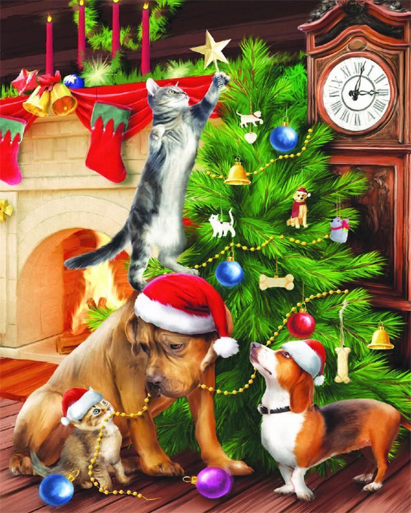 Gatos y Perros al Lado de Árbol de Navidad Pintar por Números