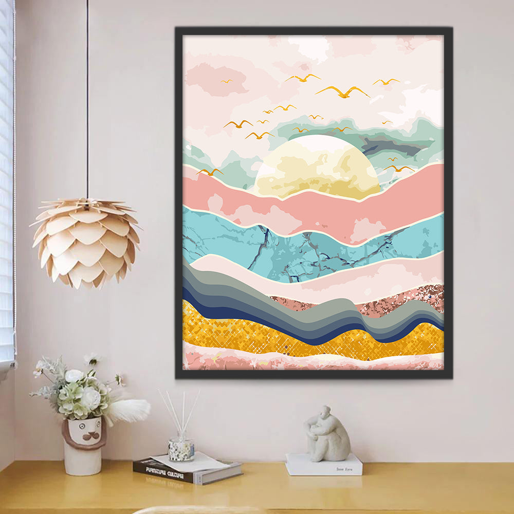 Gaviotas Doradas y Montañas Coloridas Pintar por Números