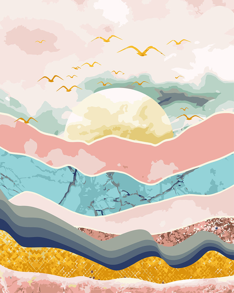 Gaviotas Doradas y Montañas Coloridas Pintar por Números
