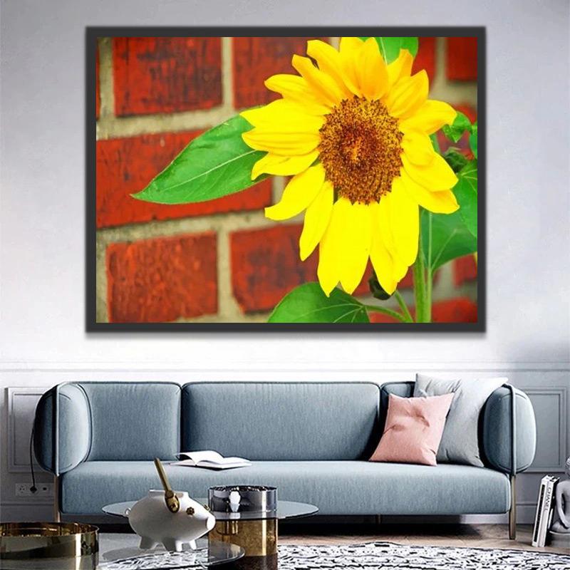 Girasol con Fondo de Pared de Ladrillos Rojos Pintar por Números