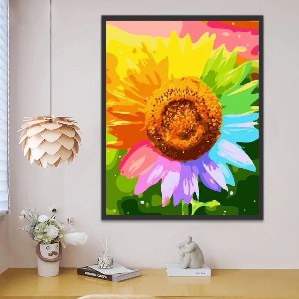 Girasol de Pétalos de Color Arcoíris con Fondo Colorido Pintar por Números